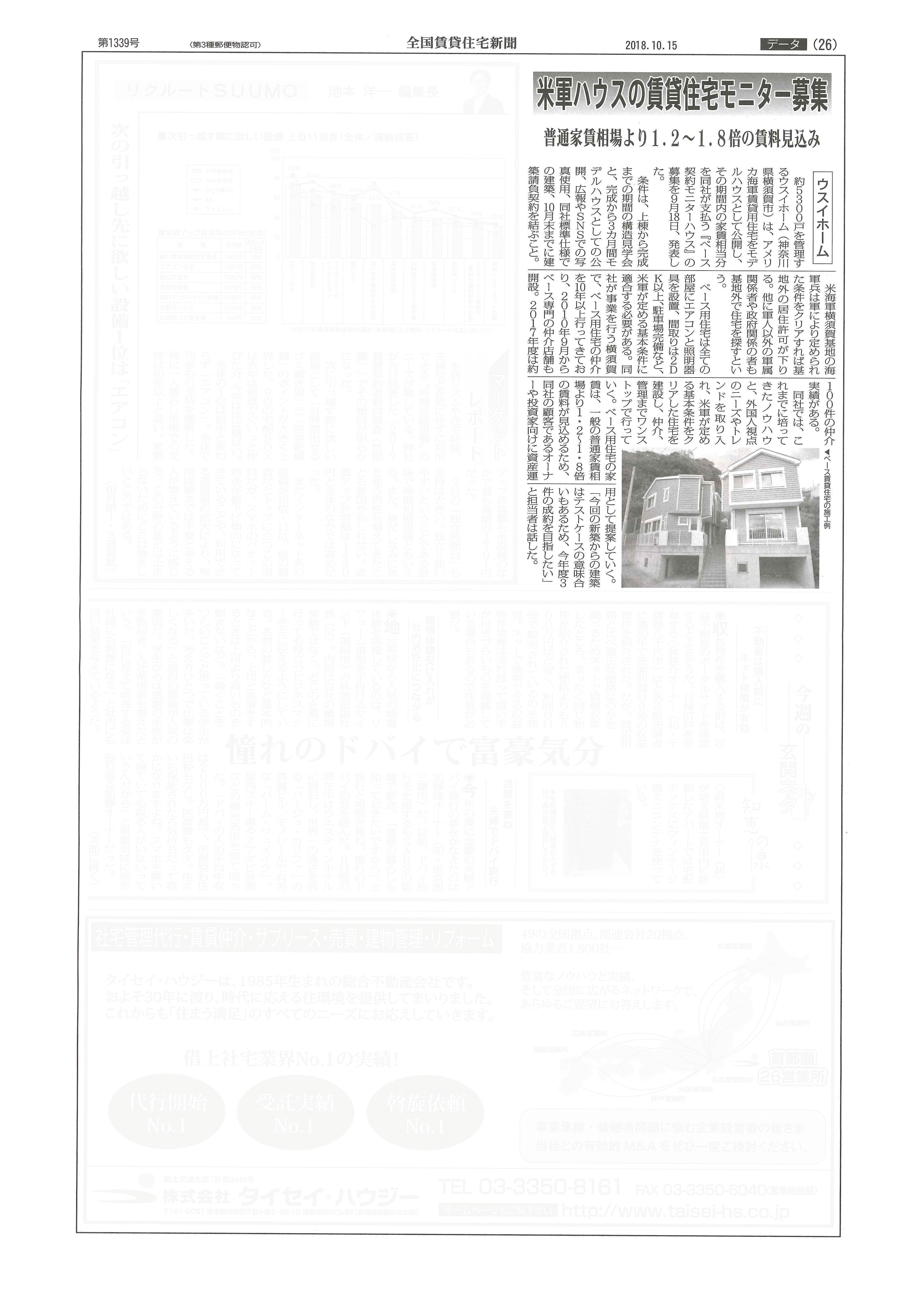 2018.10.15_週刊賃貸住宅新聞_米軍ハウス賃貸住宅モニター募集